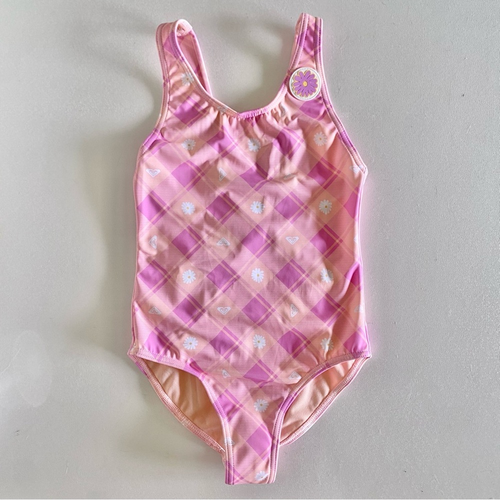 ❌SOLD❌NEW Roxy Girls “Flower Plaid” one piece swimsuit in pink -Size 6